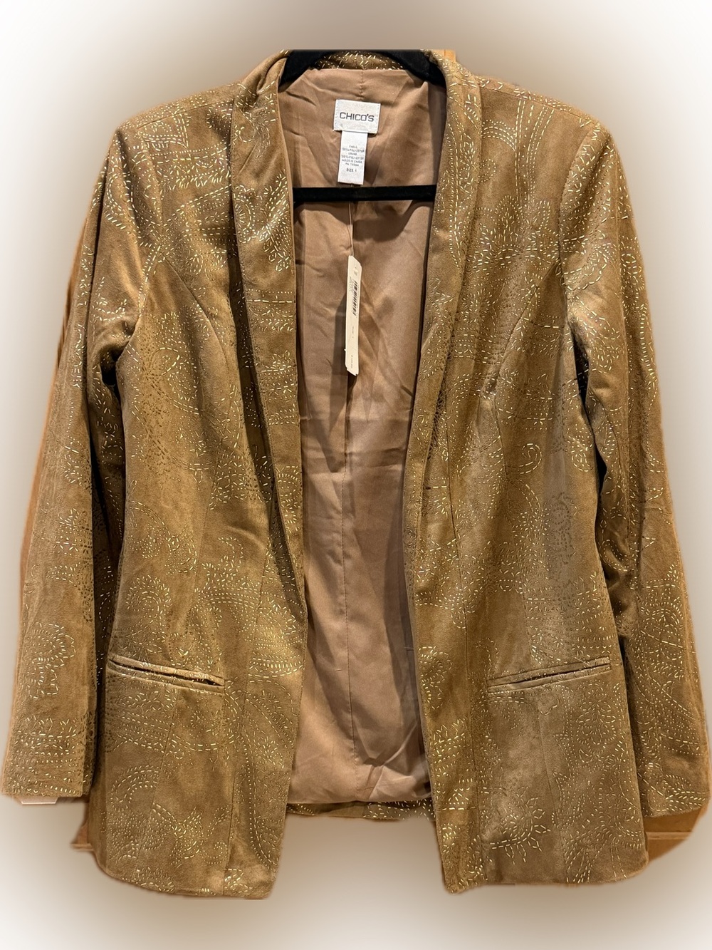Chico’s Golden Cascade Jacket Metallic Bronze Gold Blazer Career Party, Sz 1 NWT